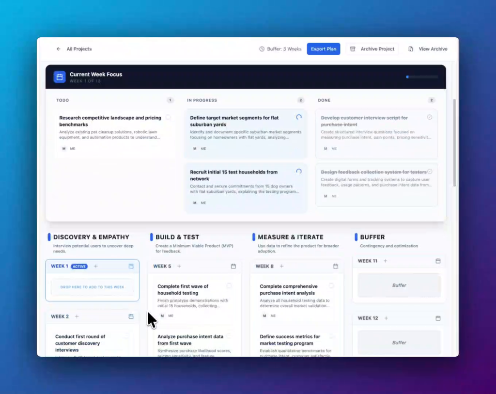 The Plan view. Week 1 is marked ACTIVE. Each week row has a + button to add a task.