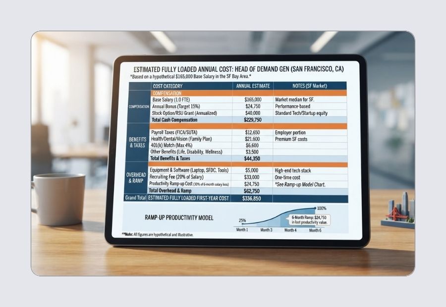 Headcount budget breakdown showing annual cost per role including salary and onboarding