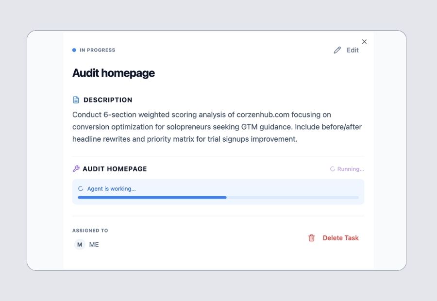 AI agent output saved inside a task card as a markdown draft