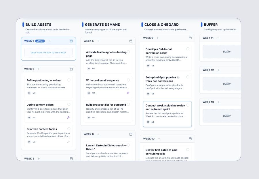 AI discovery interview generating a quarterly project roadmap from a founder's business goal