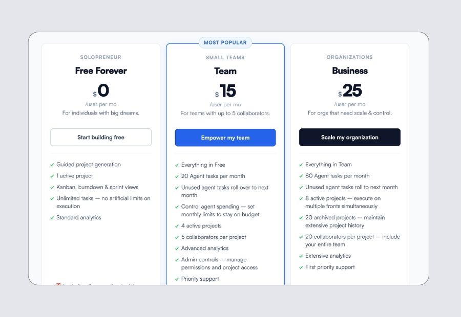 Pricing tier comparison card with positioning rationale and competitive context