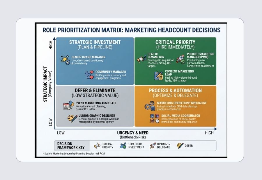 Role prioritization matrix showing ranked hiring positions by revenue impact and urgency
