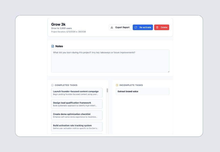 An archive view showing deprioritized tasks stored cleanly outside the active plan