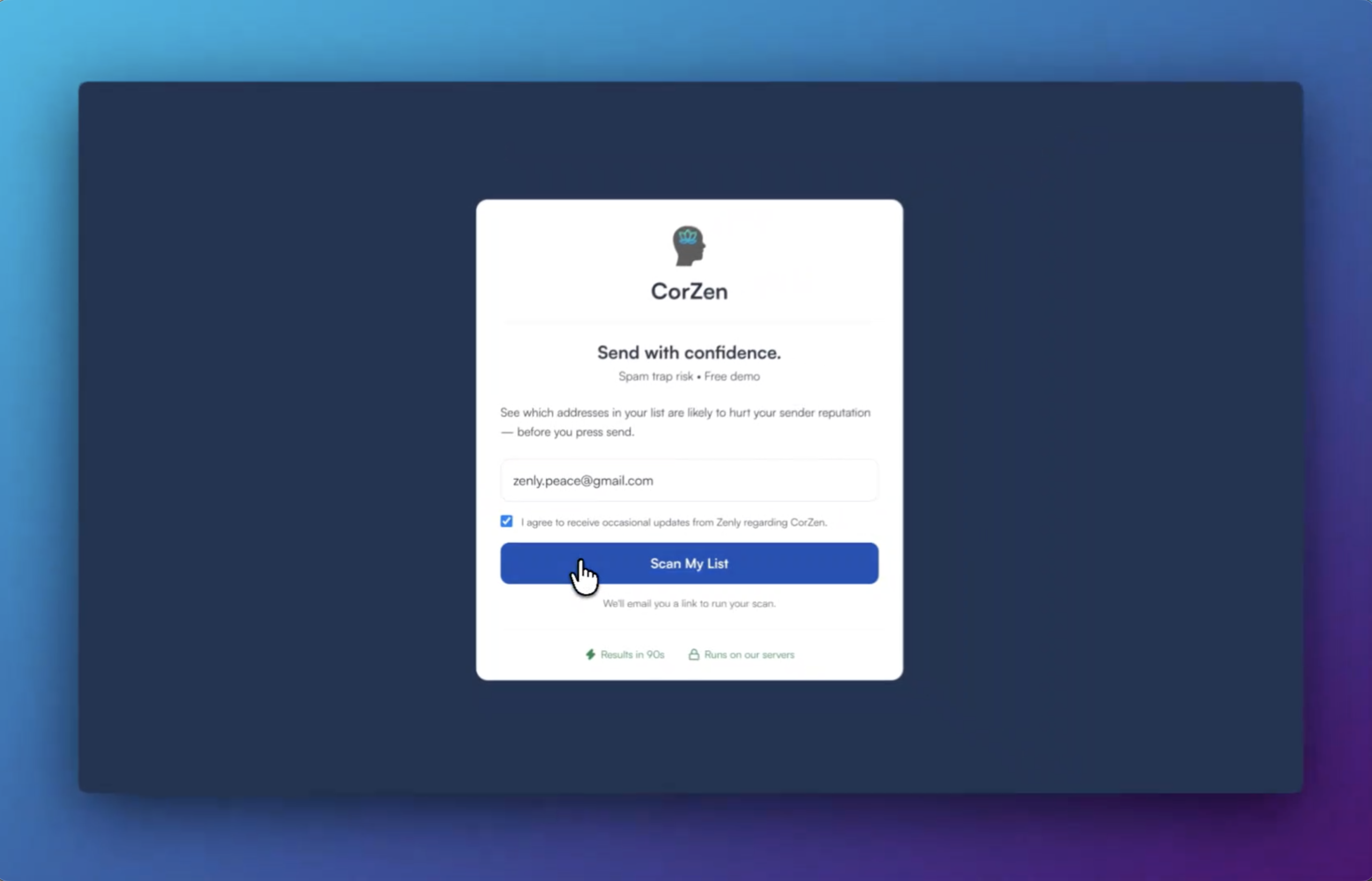 CorZen Spam Trap Check Agent interactive demo preview
